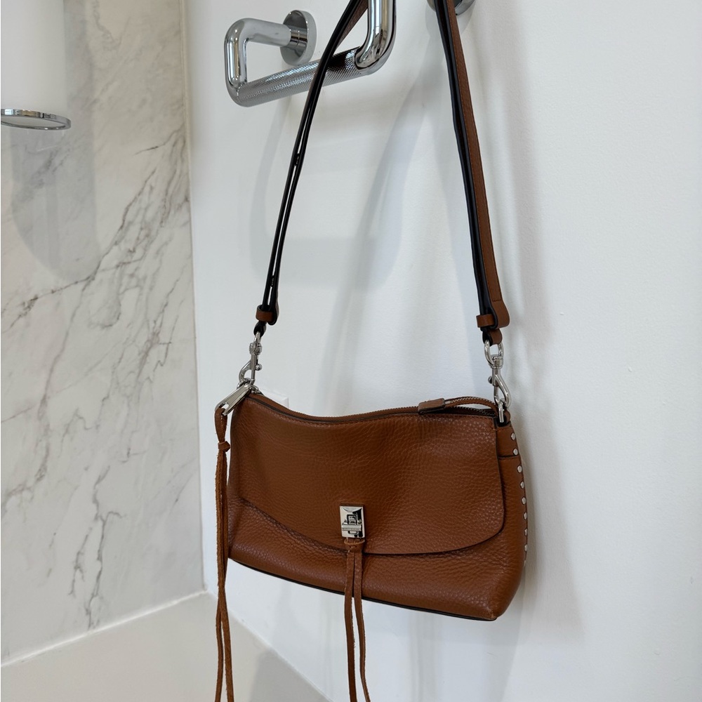 Brown Leather Shoulder Bag with Silver Hardware and Adjustable Strap